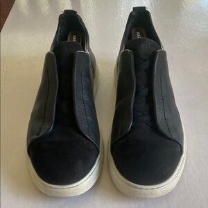 ZEGNA Triple Stitch Dark Navy Pebbled Leather/ Black Suede Slip On Sneakers 12US
